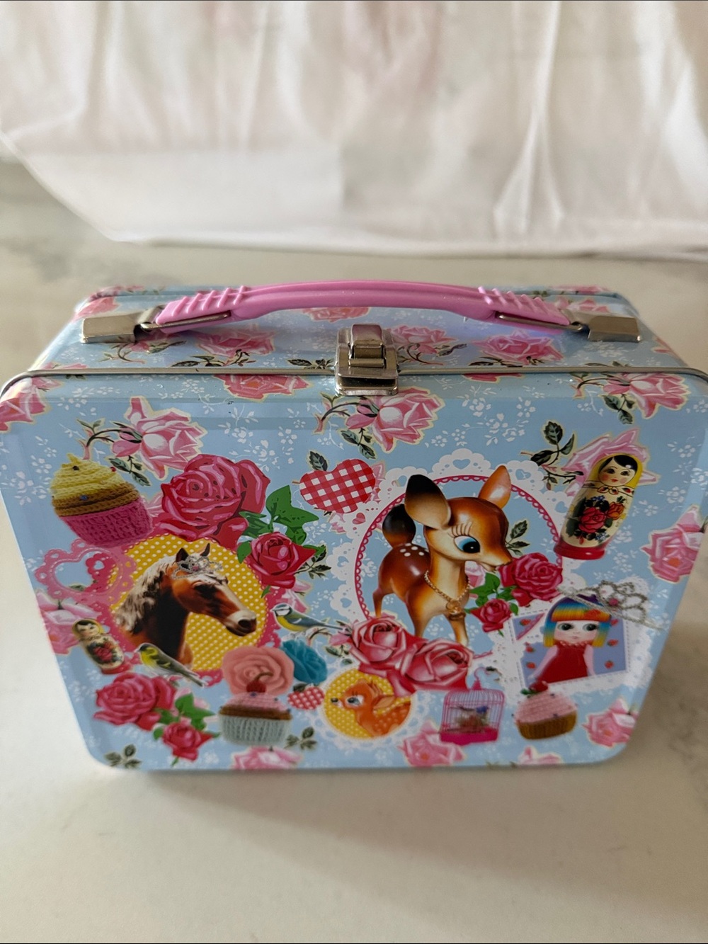 Children's Blue Floral Tin Lunch Box with Pink Handle